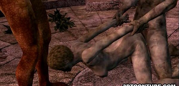  3D cartoon zombie babe getting double teamed outdoors